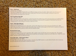 Back of card with product descriptions and retail values